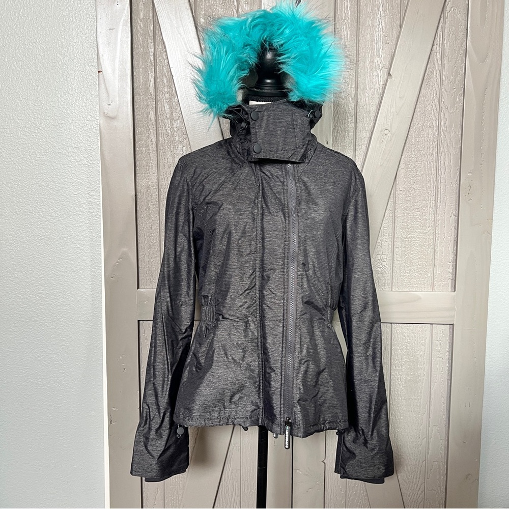 NEW! Superdry Women's Charcoal Jacket with Turquoise Fur Hood